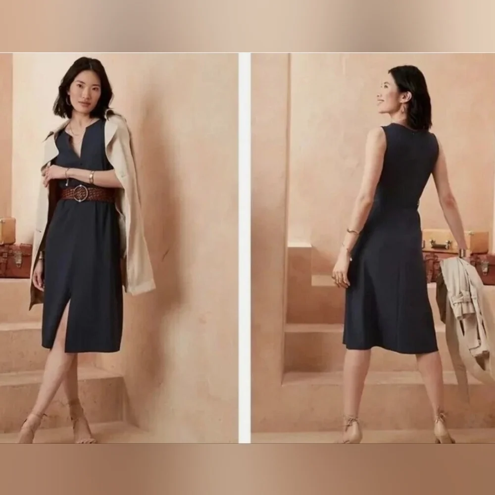 Banana Republic linen blend Classic Black Sleeveless Belted Midi Dress. Size 10‎